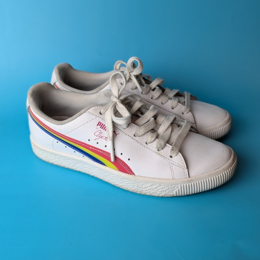 Puma Clyde 90’s Low Top White Sneakers Rainbow Trainers Tennis Shoes